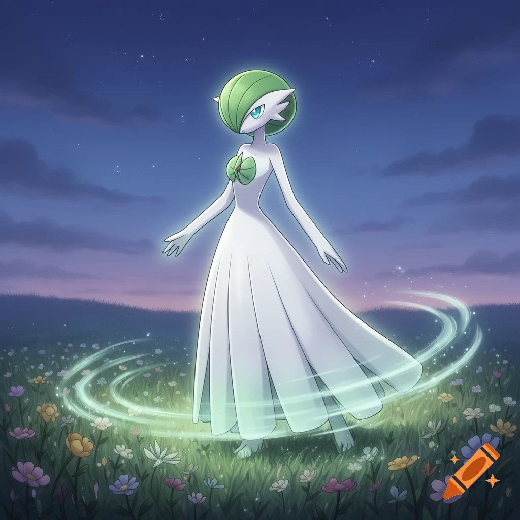Gardevoir, a humanoid Pokémon in a white dress, stands in a vibrant flower field under a star-filled night sky, surrounded by glowing green energy.