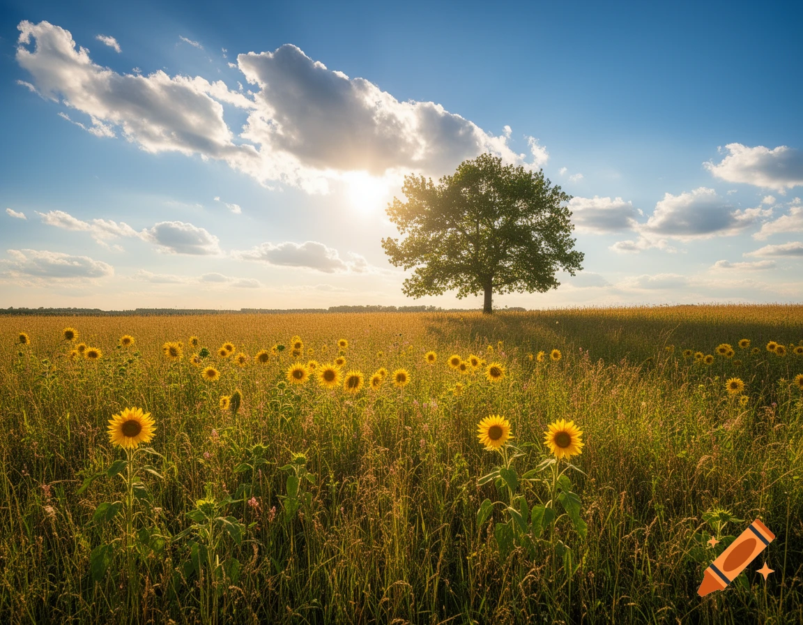 A sunny field of tall grass and sunflowers with a lone tree under a blue sky with clouds.