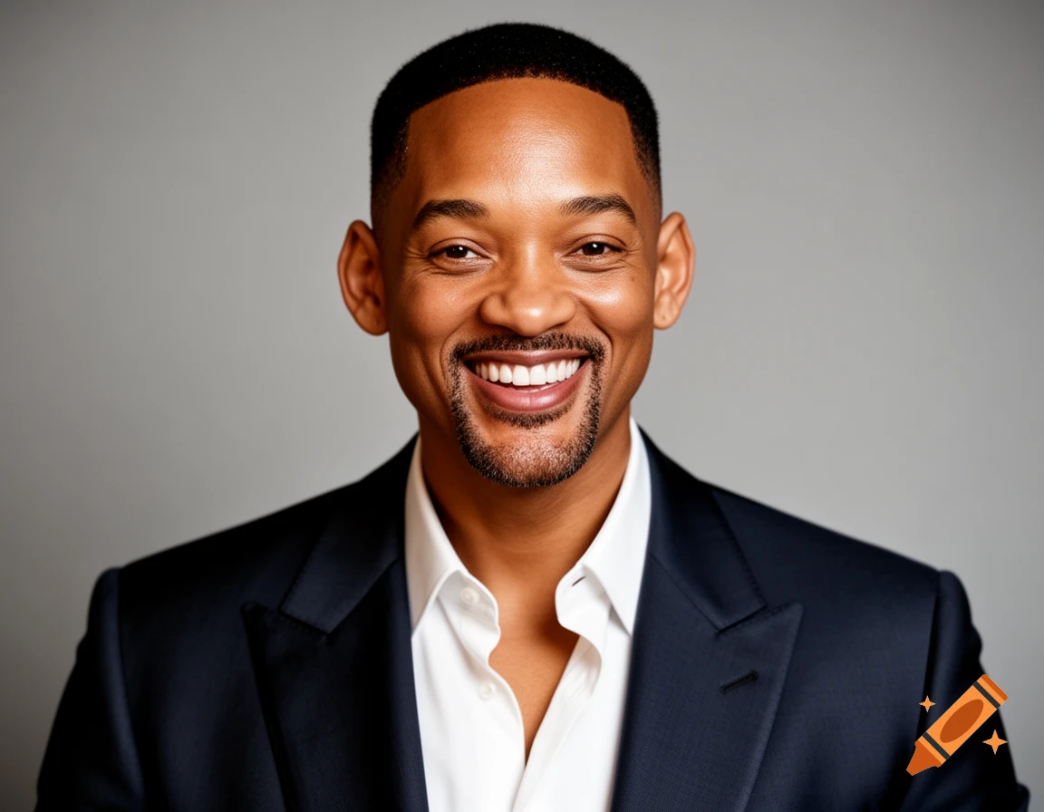 Photorealistic portrait of actor Will Smith smiling in a dark suit against a gray background.