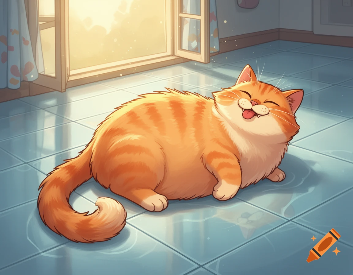 A fluffy, happy orange cartoon cat lies on a cool tiled floor by an open window, basking in sunlight.