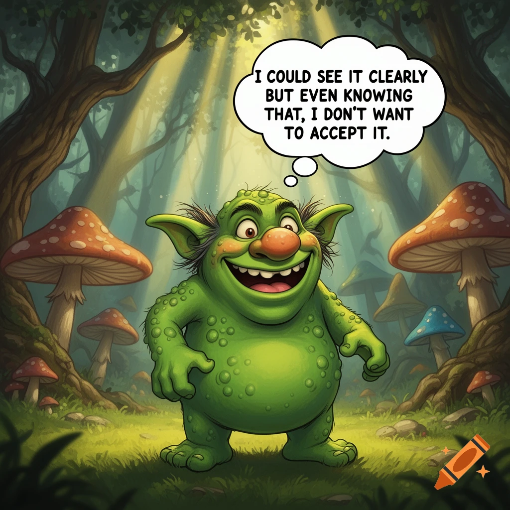 A cheerful green cartoon troll with a thought bubble in a magical forest with giant mushrooms.