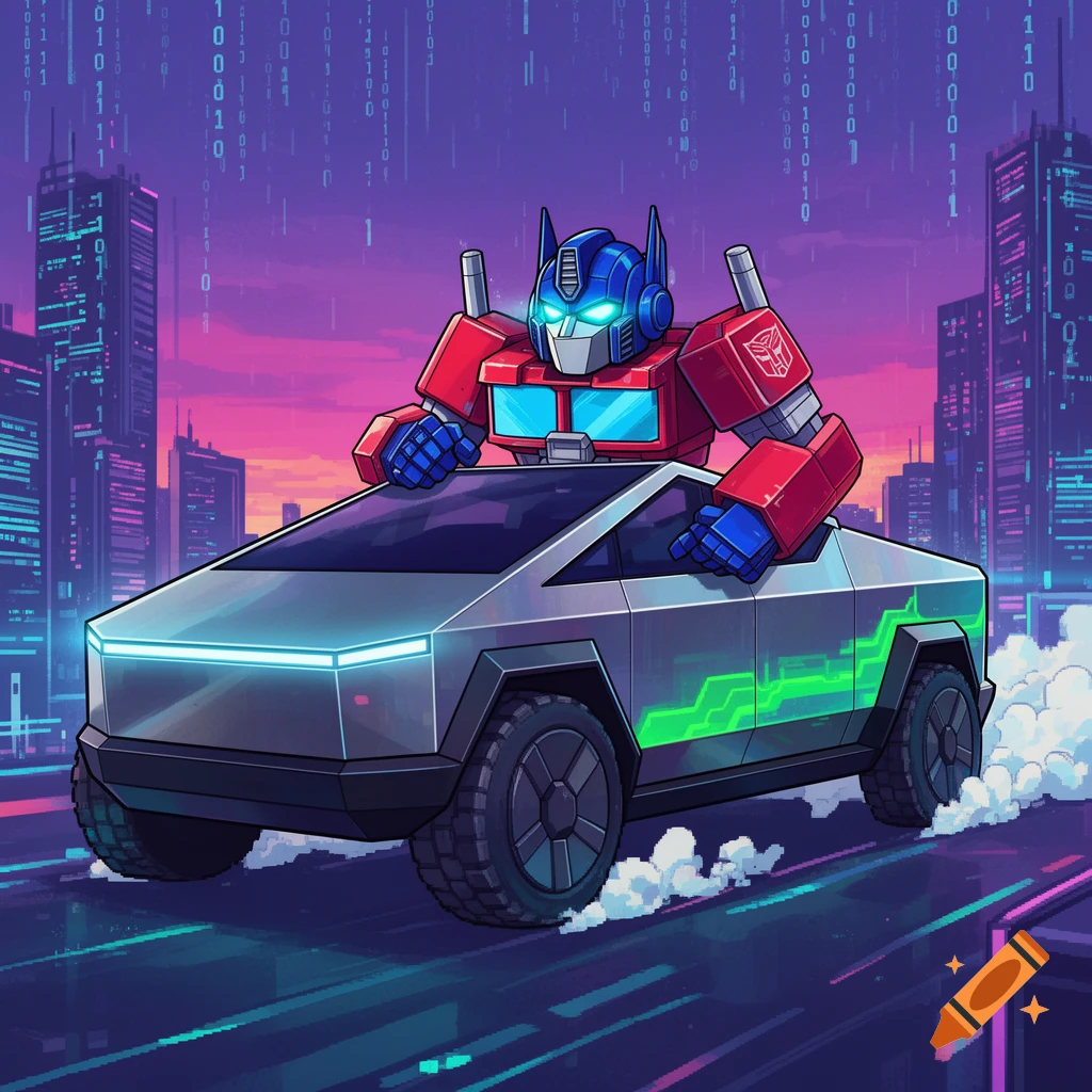 Cartoon style image of Optimus Prime driving a Tesla Cybertruck through a neon-lit cyberpunk city with binary code falling.