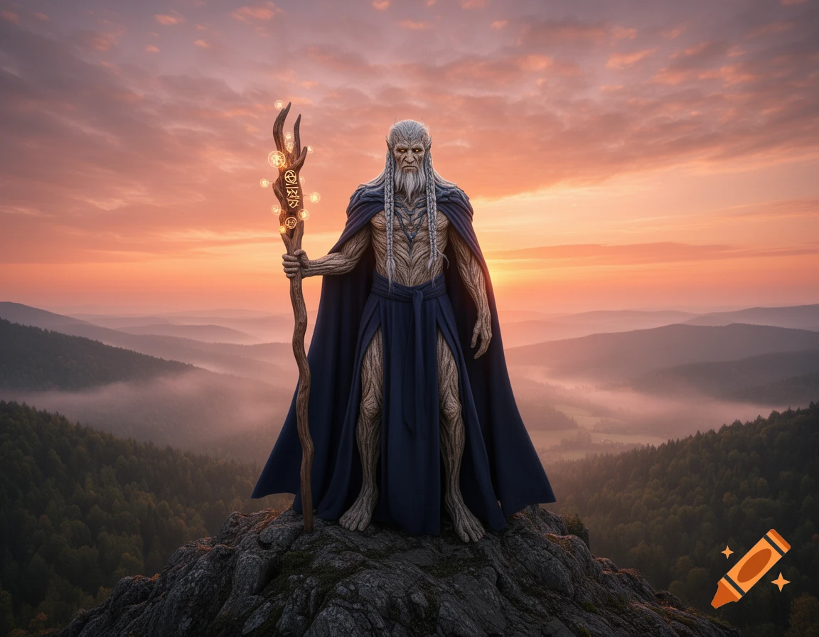 An ancient wizard with a white beard and gnarled skin stands on a rocky mountain, holding a glowing staff at sunset.