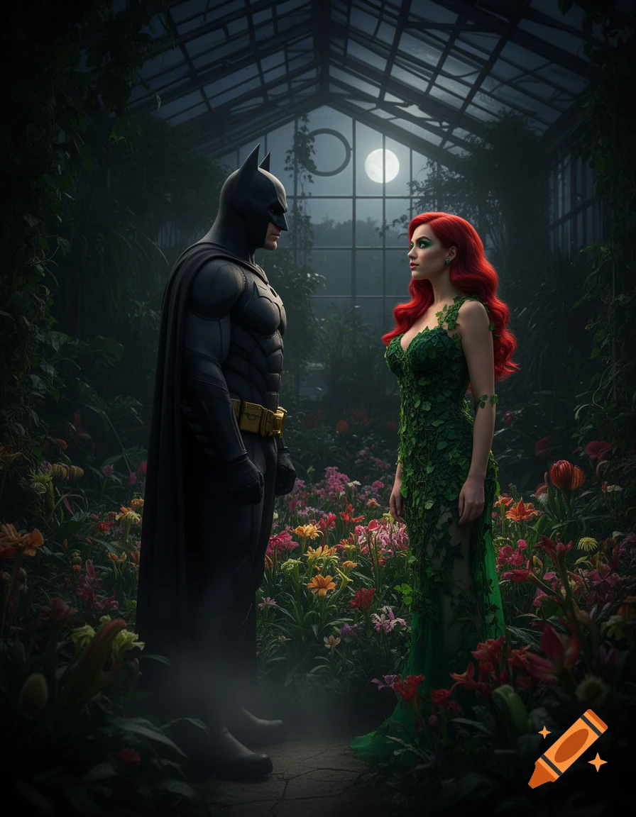 Batman and Poison Ivy stand facing each other in a moonlit, flower-filled greenhouse, with a full moon visible through the glass ceiling.