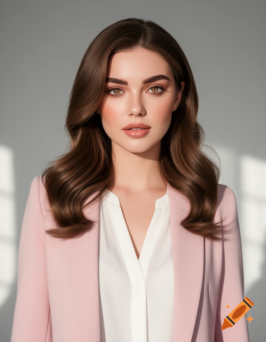 A photorealistic portrait of a young woman with long brown wavy hair, wearing a pink blazer and white blouse, looking forward.