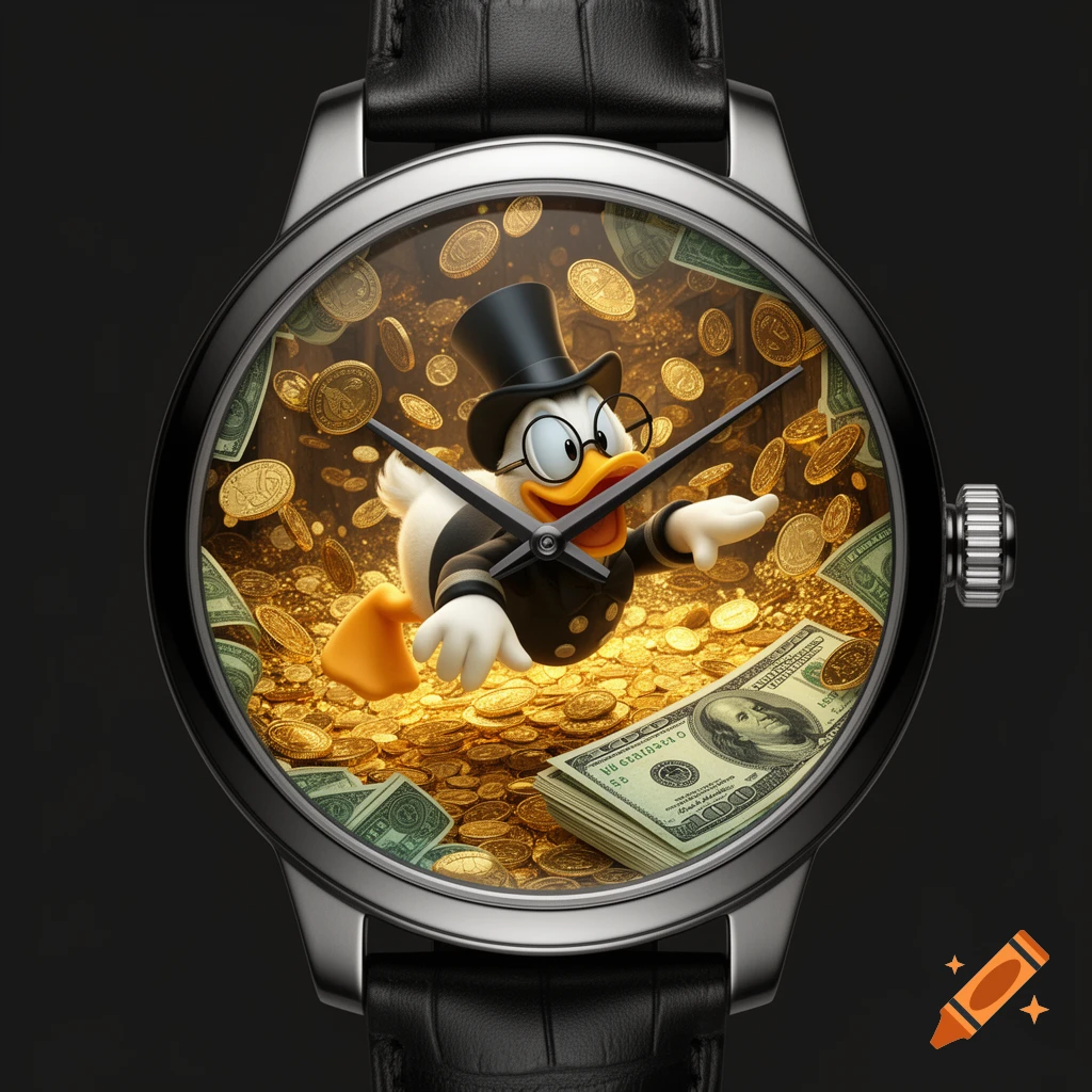 A wristwatch with Scrooge McDuck diving into a pile of gold coins and dollar bills inside the watch face, against a dark background.