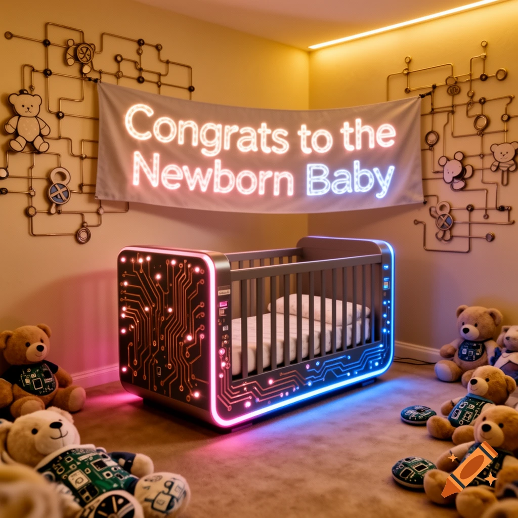 A baby's nursery with a futuristic crib featuring glowing circuit board patterns, teddy bears, and a 'Congrats to the Newborn Baby' banner.