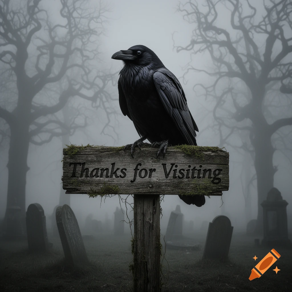 A black raven perched on a mossy wooden sign that reads "Thanks for Visiting" in a foggy, eerie graveyard.