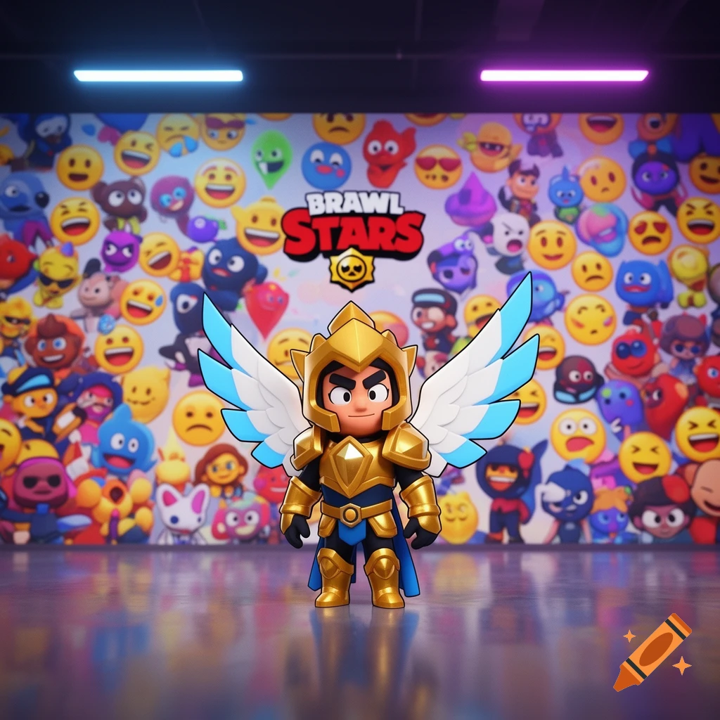 Brawl Stars angel character in golden armor with wings, standing before a wall of colorful emojis and the game logo.