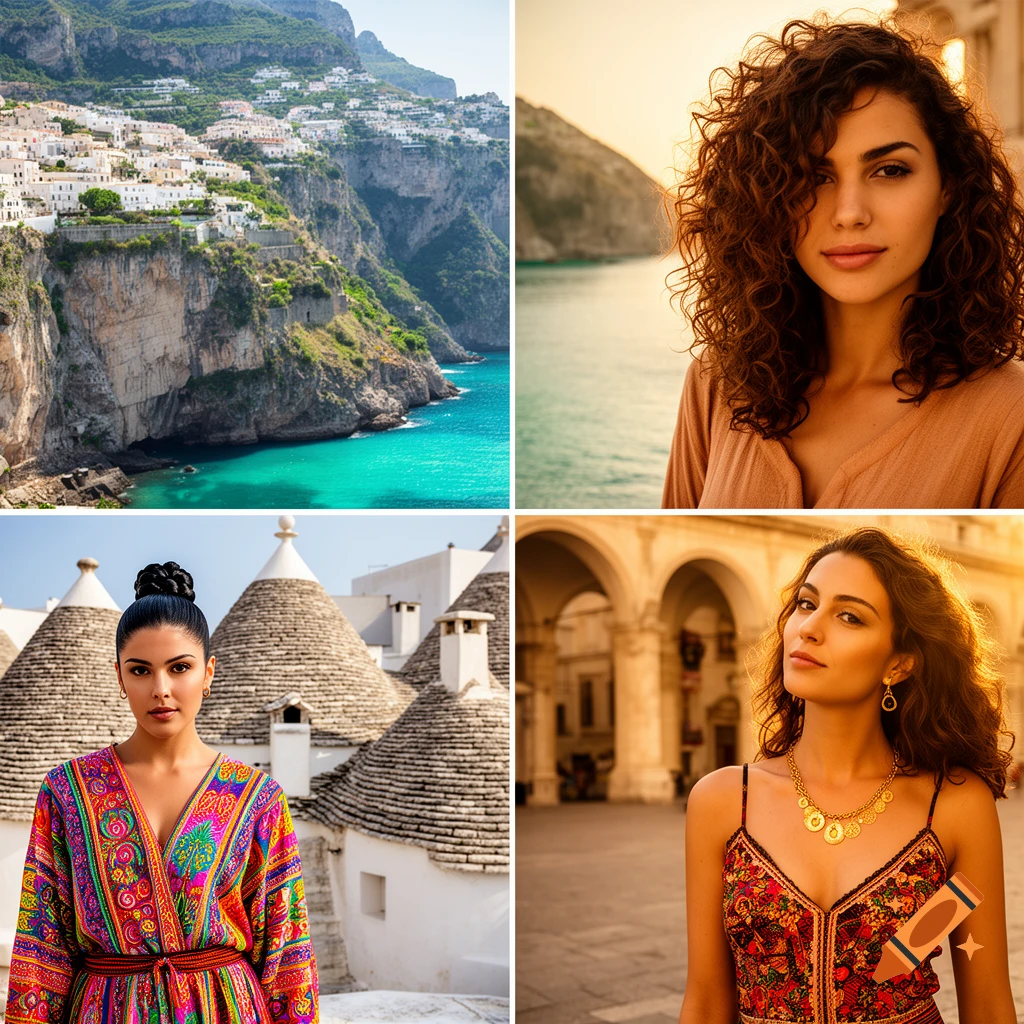 A 2x2 grid showing four photorealistic scenes of Italy. Top left is a coastal town on cliffs, top right is a woman with curly hair by the sea, bottom left is a woman in a colorful dress in front of Trulli houses, and bottom right is a woman with a necklace in an arched plaza.