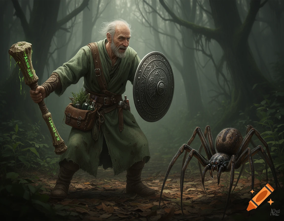 An old alchemist with a grey beard and green robes, wielding a mace and shield, prepares to fight a giant spider in a dark forest.