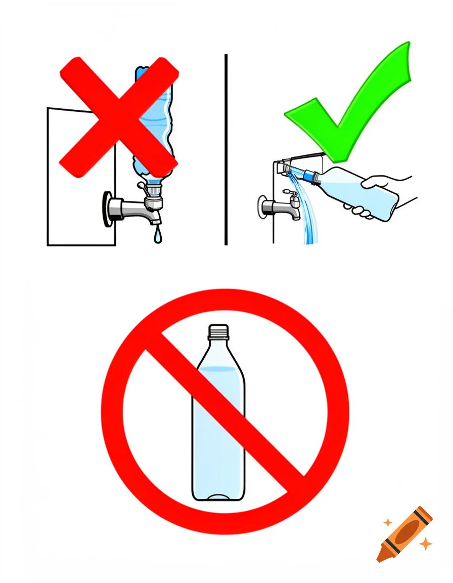 Vector sign with symbols depicting correct and incorrect water bottle refilling at a dispenser.