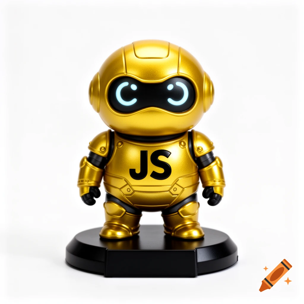 A cute, chubby gold robot action figure with glowing eyes and "JS" on its chest, standing on a black base.