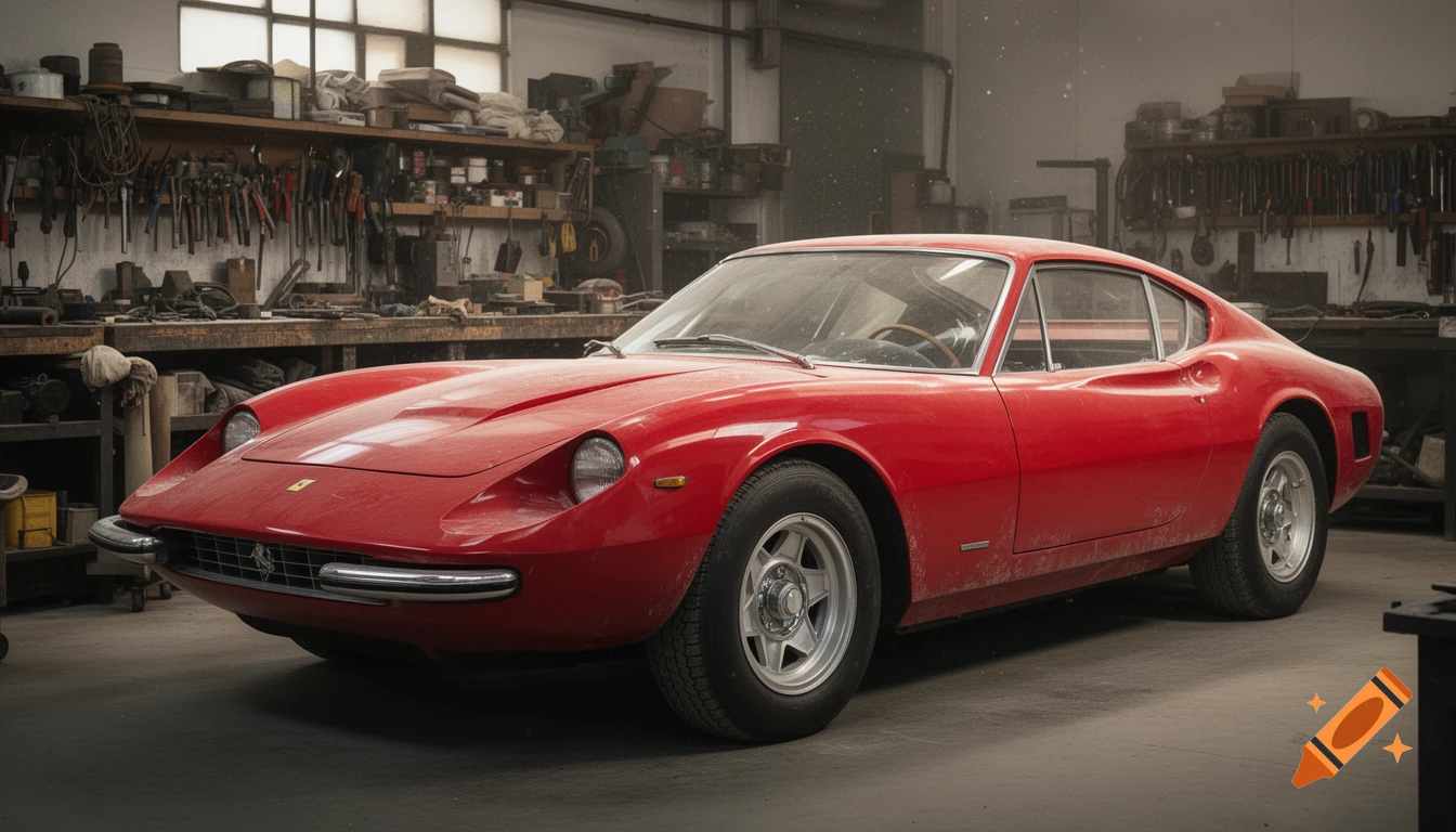 A photorealistic classic red Ferrari, dusty from restoration, sits in a cluttered automotive workshop.