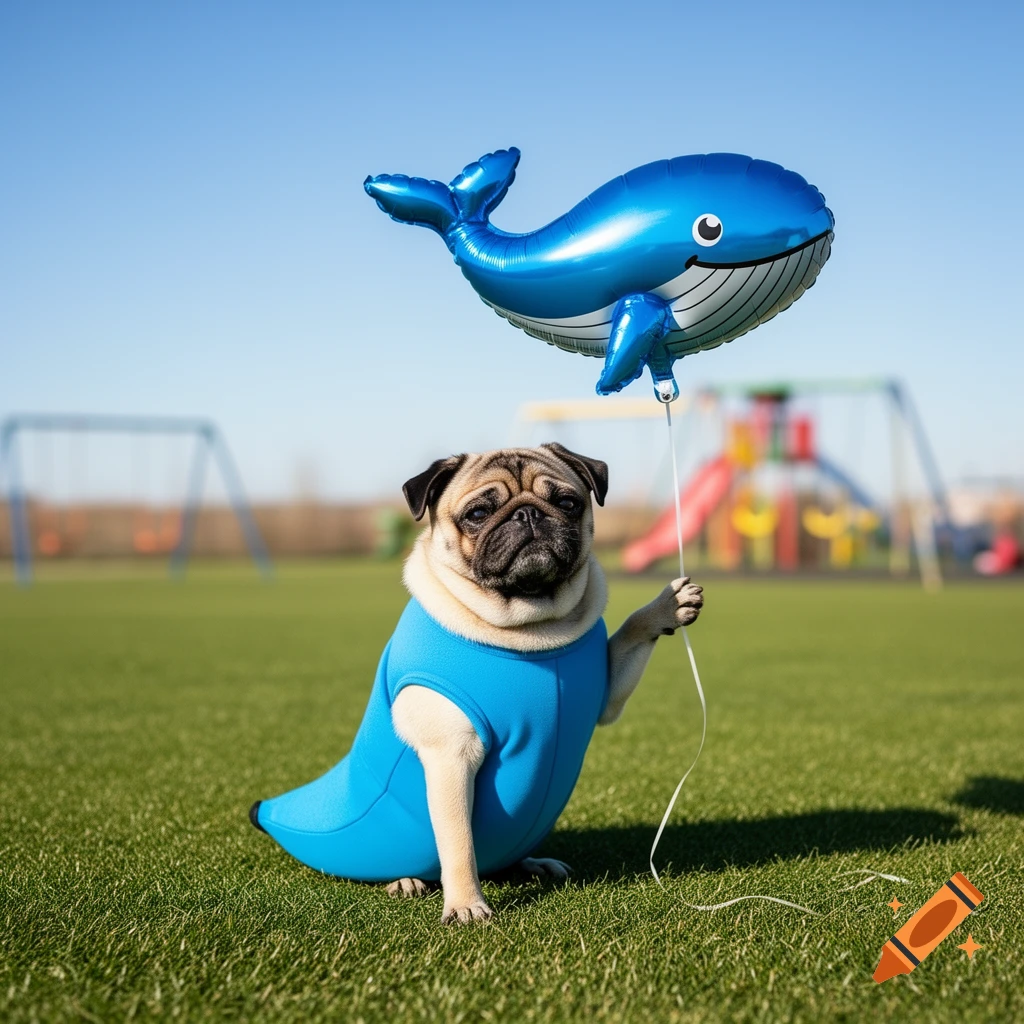 A pug dog in a blue banana-shaped outfit holds a blue whale balloon in a sunny grassy park.