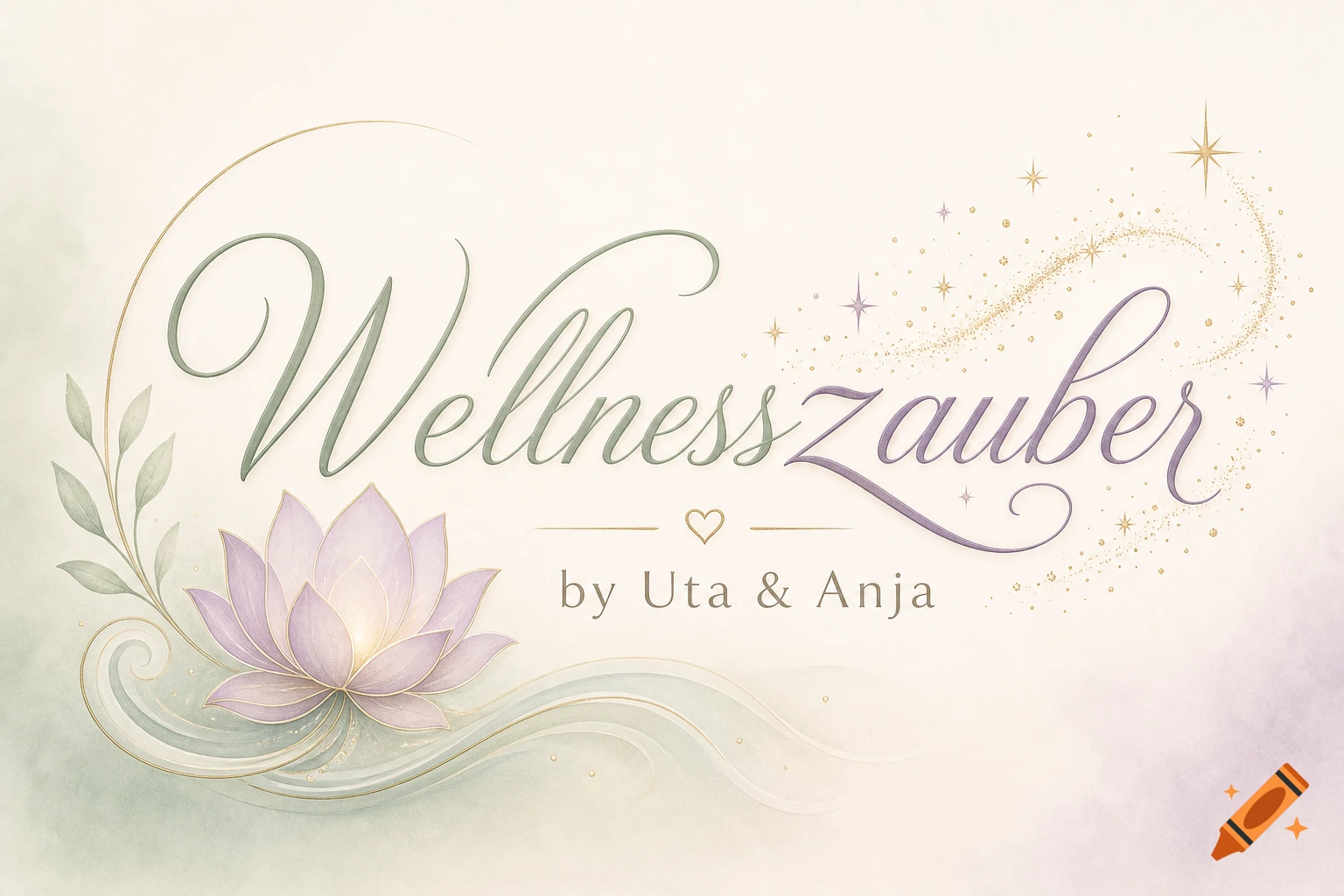 Elegant logo for Wellnesszauber by Uta & Anja with a purple lotus flower, gold accents, sparkling effects, and script typography.