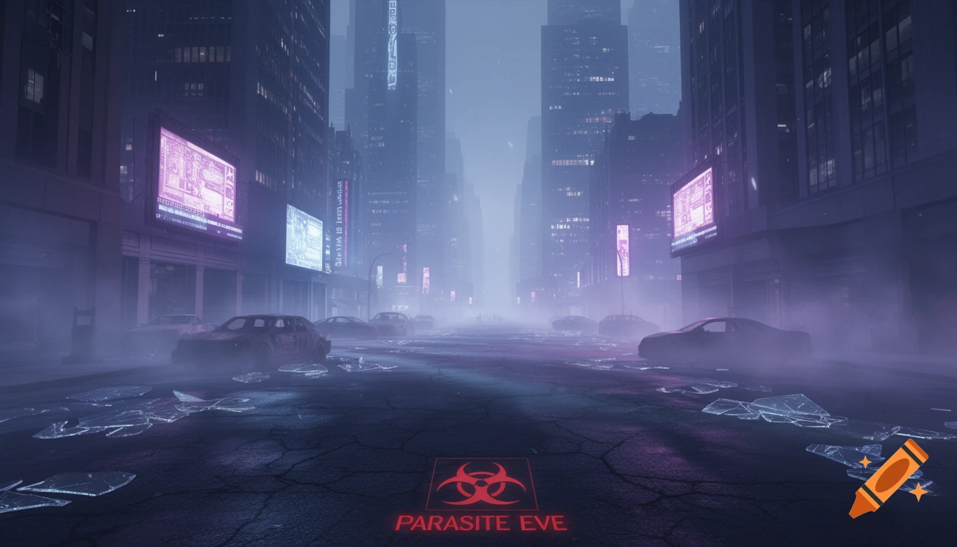 A foggy, desolate cyberpunk city street with abandoned cars, broken glass, and a biohazard symbol with the text "PARASITE EVE" on the ground. Tall buildings with glowing purple and blue billboards line the street.