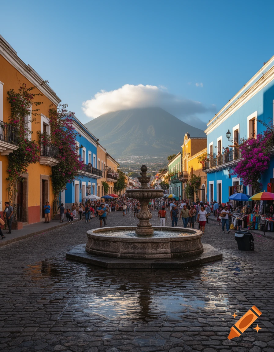 A vibrant cobblestone street in a historic city with colorful buildings, a central fountain, people walking, and a large cloud-covered mountain in the background.