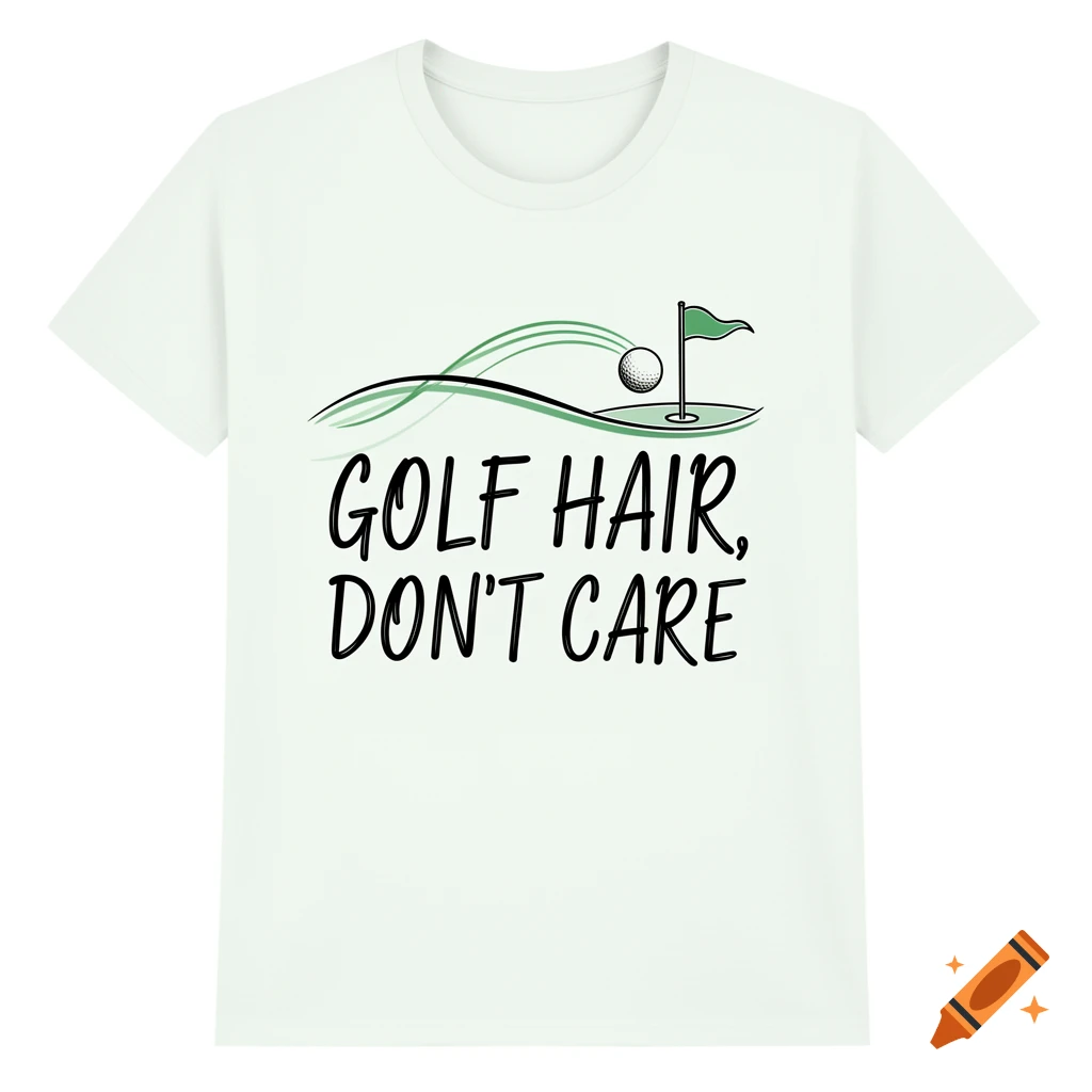 A white t-shirt with a green and black graphic featuring a golf ball, flag, and the text 'GOLF HAIR, DON'T CARE'.