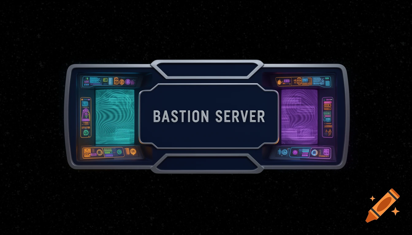 A futuristic Star Trek TNG style interface with a central blue panel displaying "BASTION SERVER" surrounded by glowing teal and purple screens.