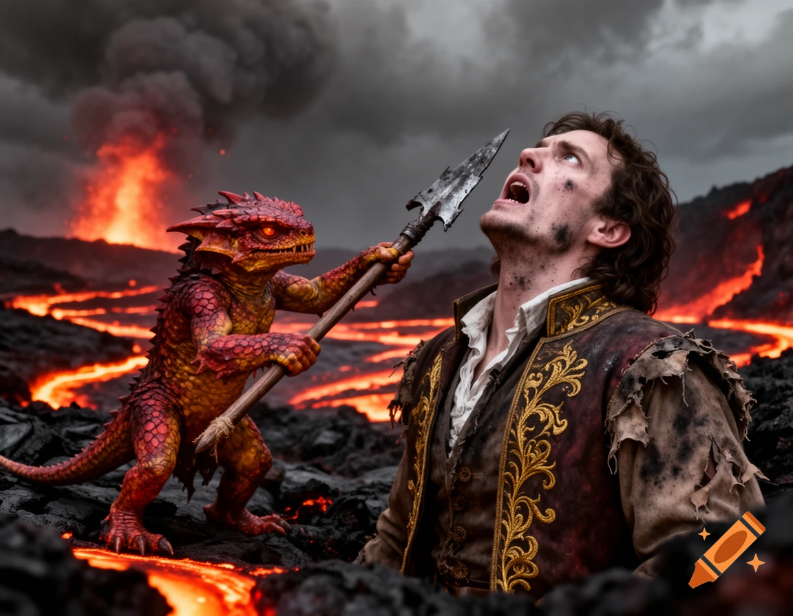 A red kobold with glowing eyes holds a spear toward the throat of a cowering nobleman in a volcanic landscape with flowing lava.