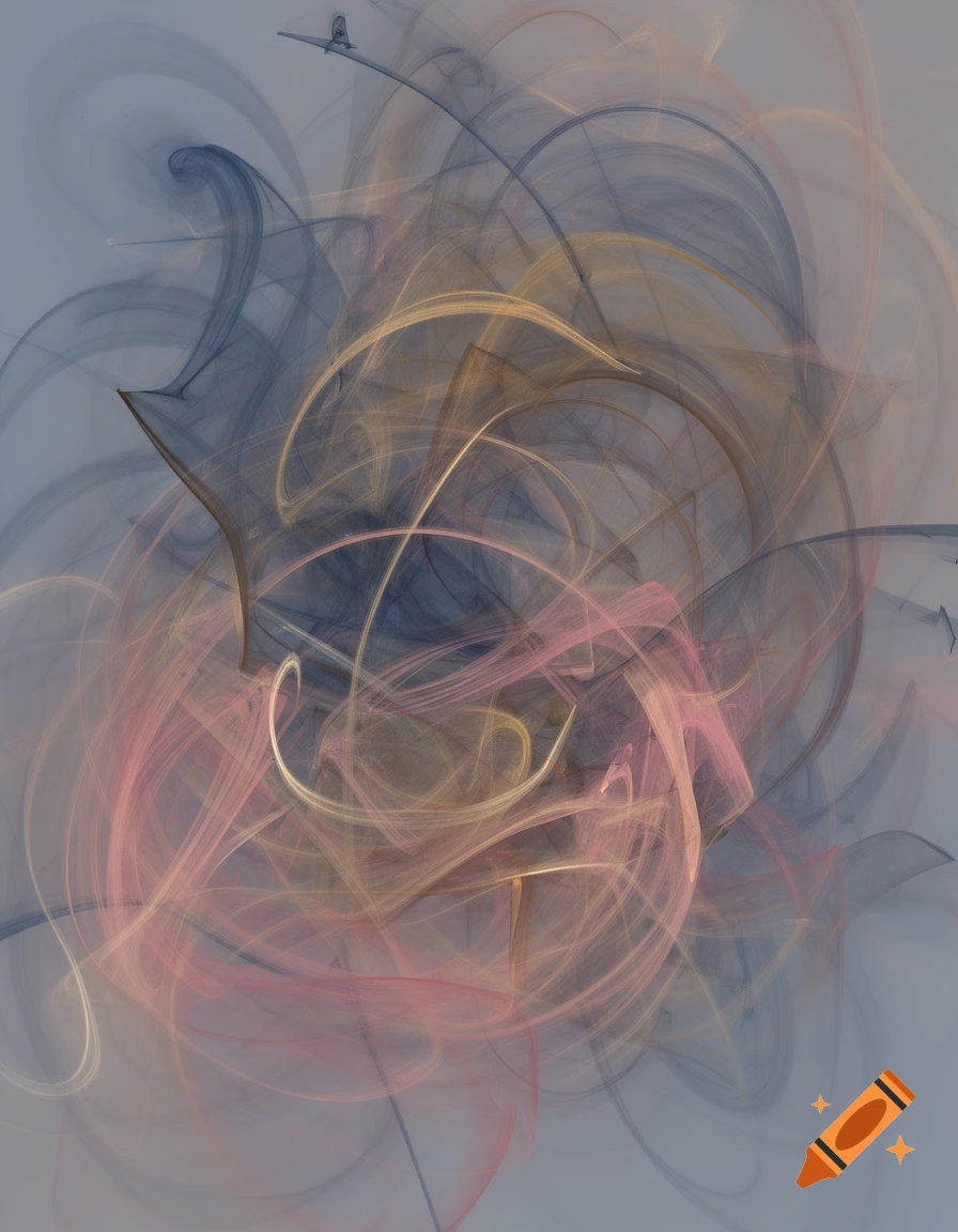 Abstract digital art with swirling, nebulous lines in shades of blue, pink, and gold against a light grey background.