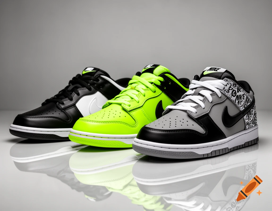 Three Nike Dunk sneakers, black, volt green, and grey with a pattern, displayed on a reflective surface against a light background.