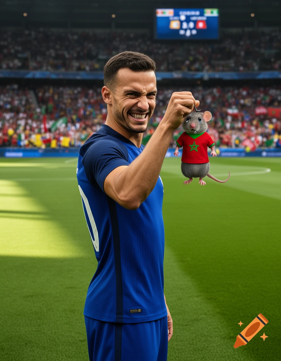 A French football player with a fierce smile holds a crying mouse in a Morocco jersey by its tail on a stadium pitch.