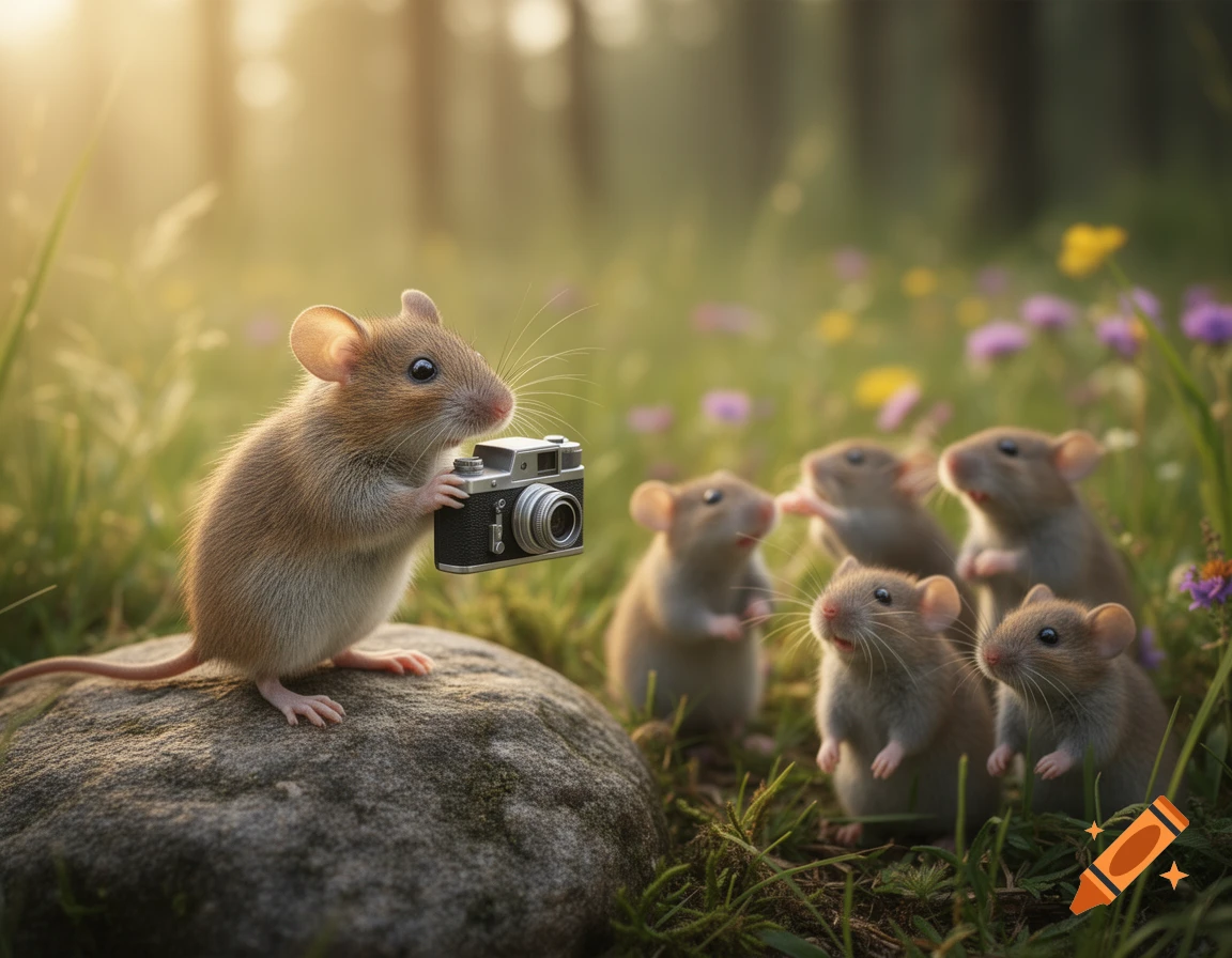 A photorealistic mouse holds a camera, photographing other mice in a sunny field with wildflowers.