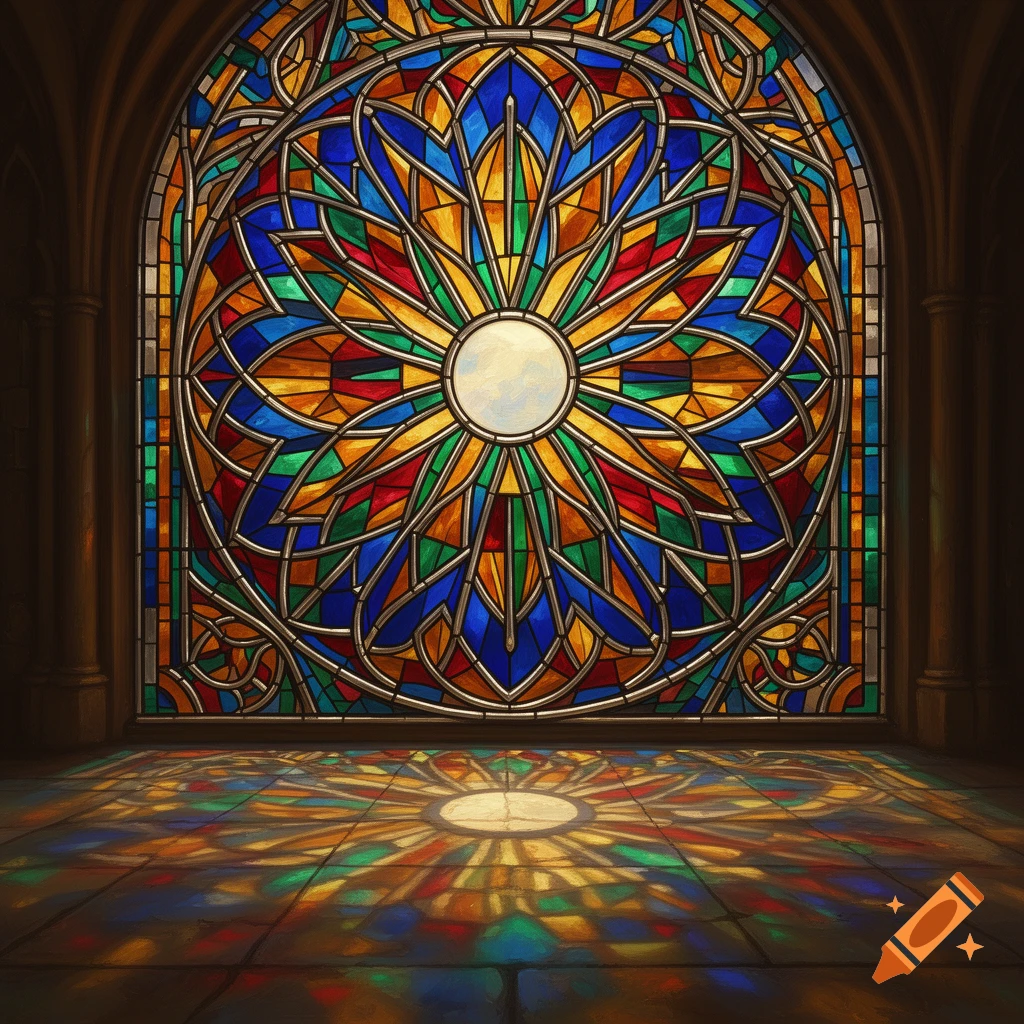 A vibrant, colorful geometric stained glass window in a gothic arch casts patterned light onto the stone floor.