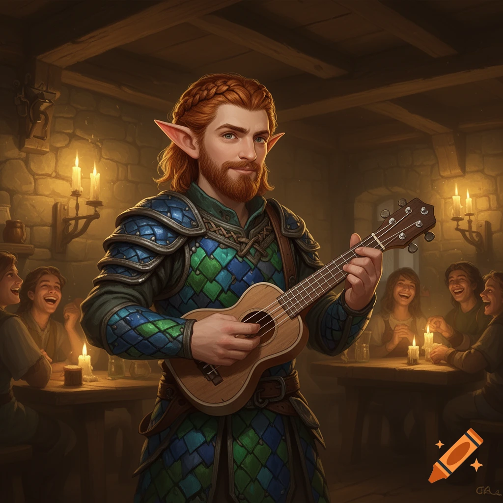 A red-haired elf bard in blue-green scale armor plays a ukulele in a dimly lit tavern, entertaining laughing patrons.