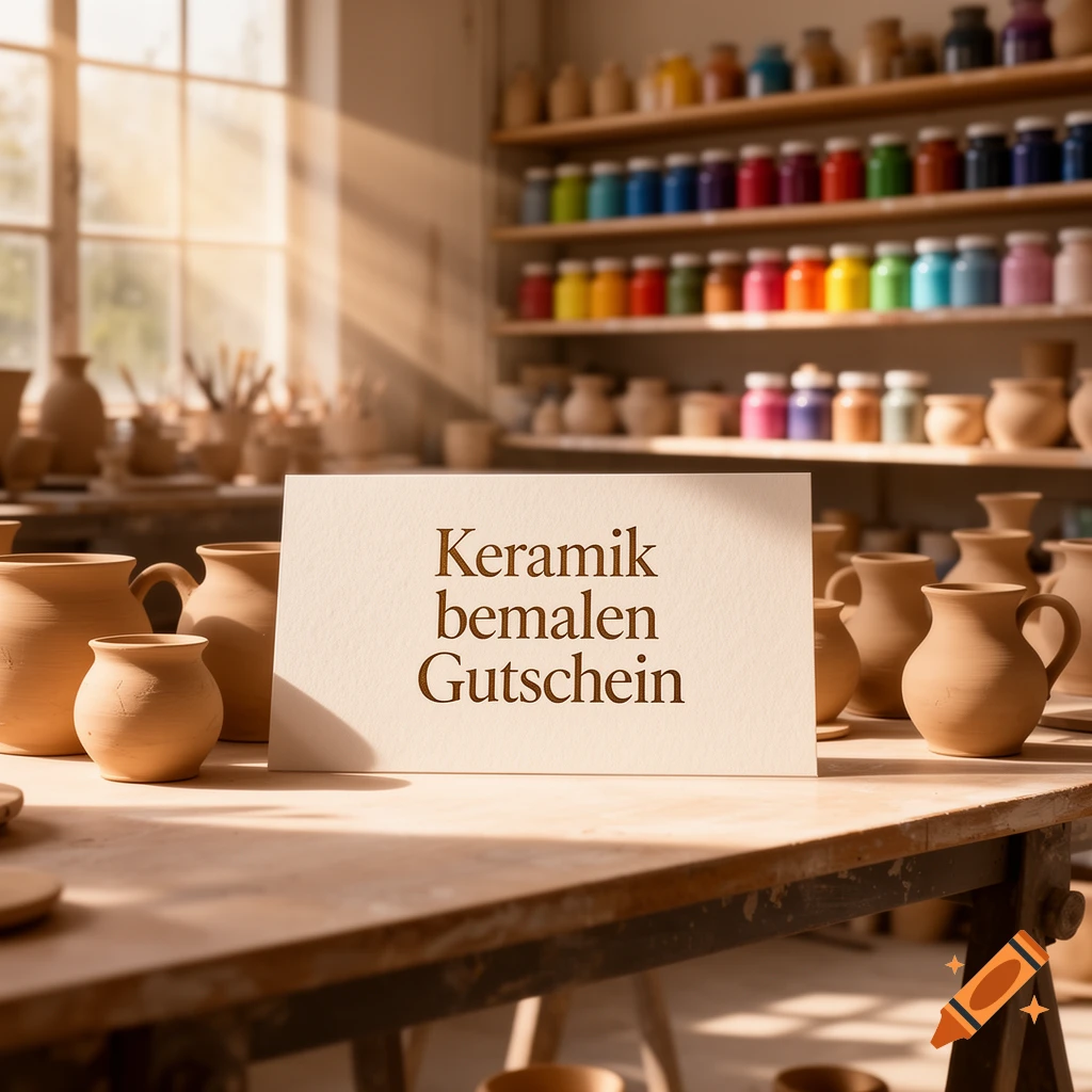 A gift voucher for ceramic painting in a bright pottery studio with unpainted clay pots on a wooden table and shelves of colorful paints in the background.
