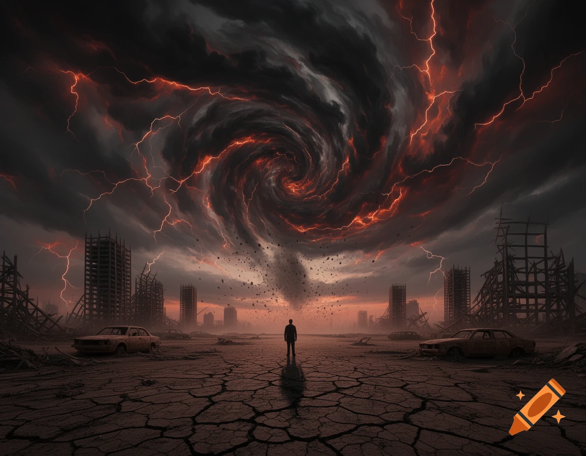 A lone figure stands on cracked earth in a ruined city under a dark, stormy sky with a swirling vortex and lightning.
