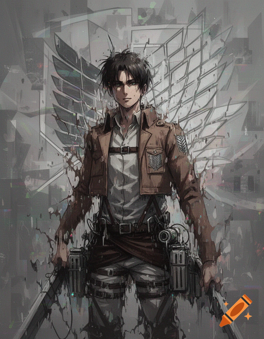 A stylized anime male character, Eren Yeager, in a uniform holds two swords amidst glitching and melting textures, with the Survey Corps emblem behind him.