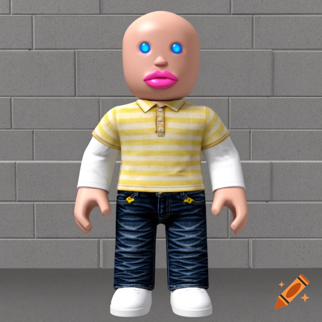 A 3D render of a Roblox-style avatar with a bald head, glowing blue eyes, and oversized pink lips, wearing a yellow-striped polo, jeans, and white shoes against a gray brick wall.