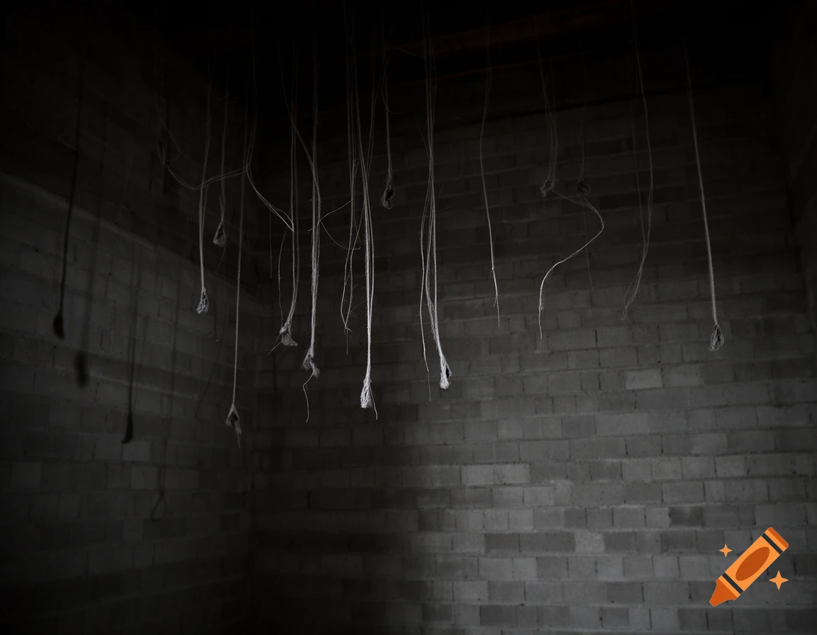 A dark, somber room with grey brick walls, dimly lit by a faint light. Numerous white cords hang from the ceiling.