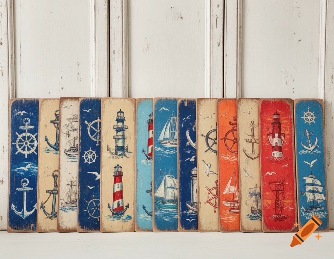 Colorful wooden boards with distressed nautical motifs, including lighthouses, anchors, ships, and steering wheels, against a shabby chic white wooden background.
