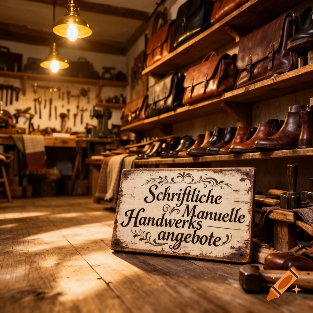 A warmly lit workshop with shelves of leather bags and boots, a workbench, and a sign reading "Schriftliche Manuelle Handwerks angebote".