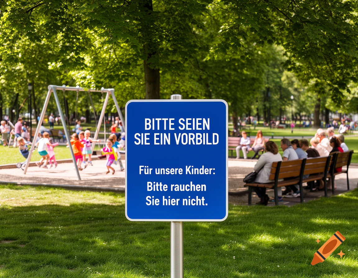 A blue sign in a sunny park with children playing on swings and adults sitting on benches.