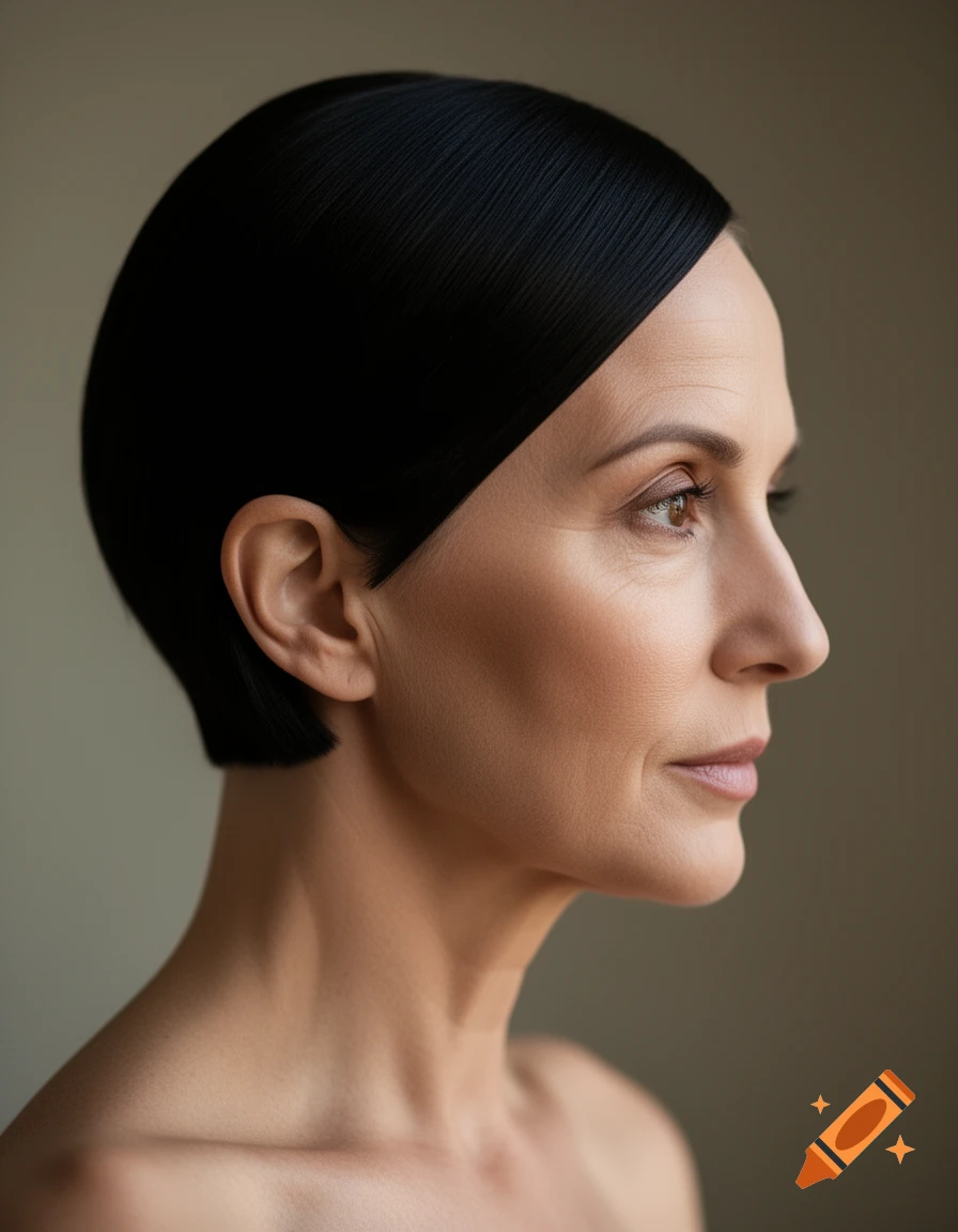 Profile portrait of a woman with dark, sleek hair and bare shoulders against a neutral background.