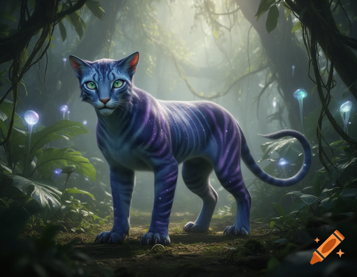 A vibrant blue and purple striped fantasy cat with glowing green eyes stands in an enchanted, misty jungle with glowing plants.