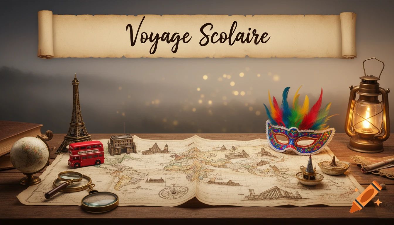 Still life with a map, travel miniatures (Eiffel Tower, London bus, globe), a colorful mask, and a lantern. A banner reads 'Voyage Scolaire'.