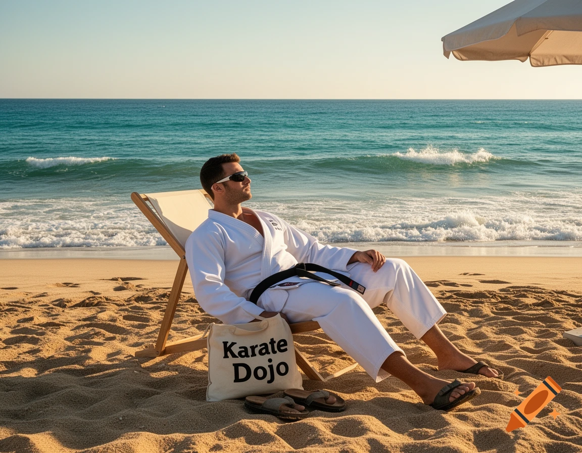 A man in a white karate gi and black belt relaxes on a beach chair, sunglasses on, next to a 'Karate Dojo' bag.