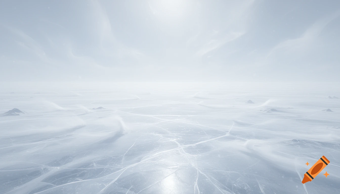 A vast, desolate white and light blue ice landscape under a bright, overcast sky, with subtle snowdrifts and prominent cracks in the ice.