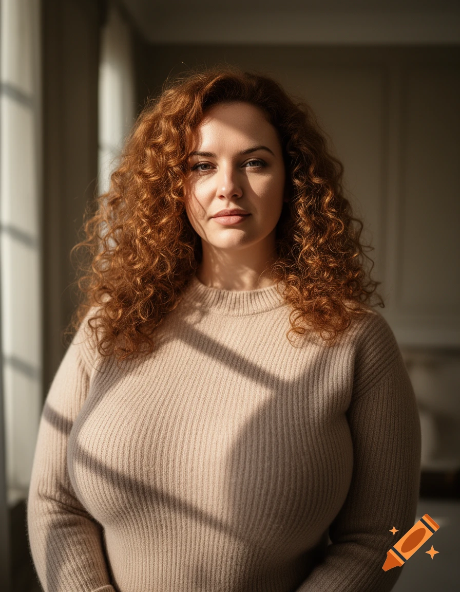 Photorealistic portrait of a woman with red curly hair in a light ribbed sweater, standing indoors with window light casting shadows.