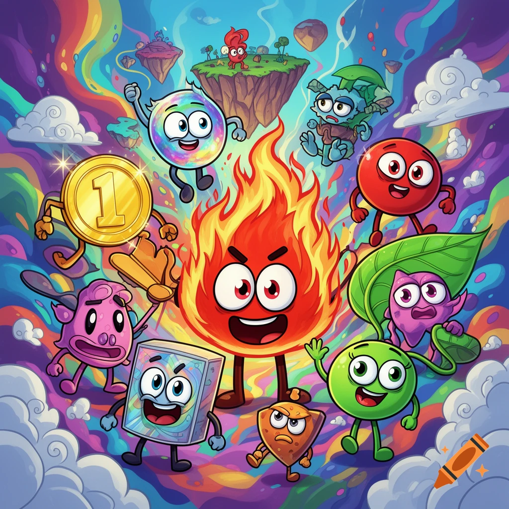 A vibrant cartoon scene featuring a large, expressive fire character surrounded by diverse, colorful object characters in a whimsical, rainbow-swirl landscape with floating islands and clouds.