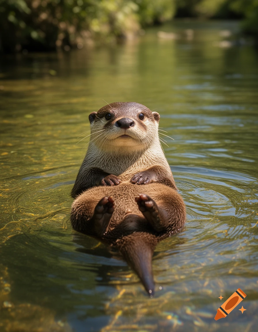 A photorealistic image of a cute otter floating on its back in clear river water, looking directly at the viewer.