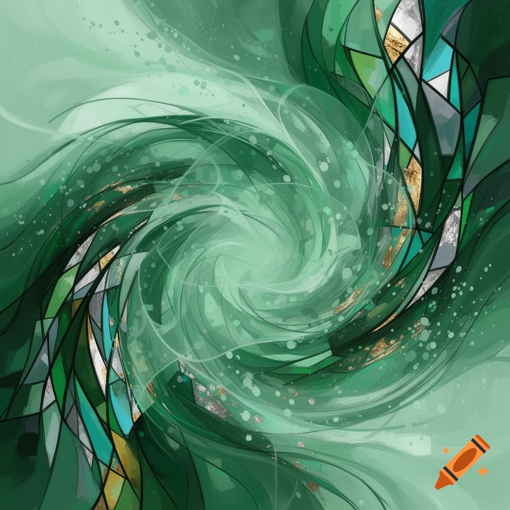 A vibrant abstract artwork with swirling green brushstrokes, geometric teal and gold segments, and subtle speckles.