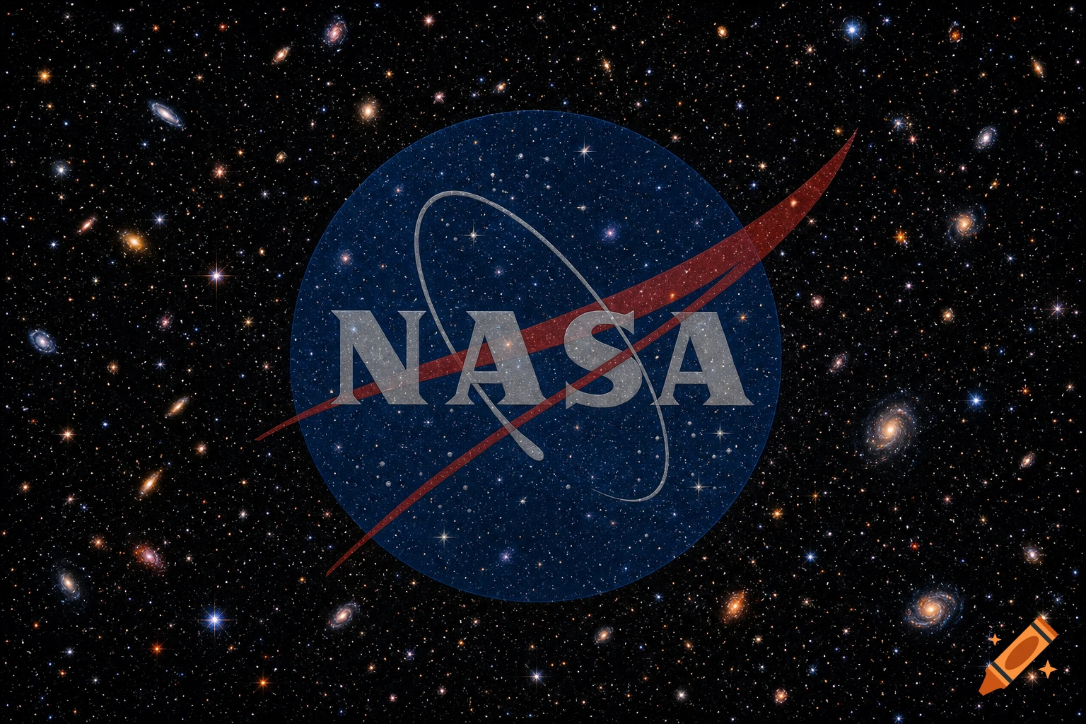A slightly opaque NASA logo overlays a background of the Hubble Ultra Deep Field, showing countless stars and galaxies.