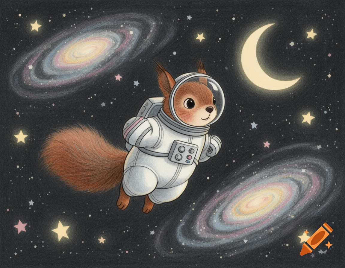 A cute squirrel astronaut floats in space amidst stars, galaxies, and a crescent moon, in a Scandinavian children's book style.